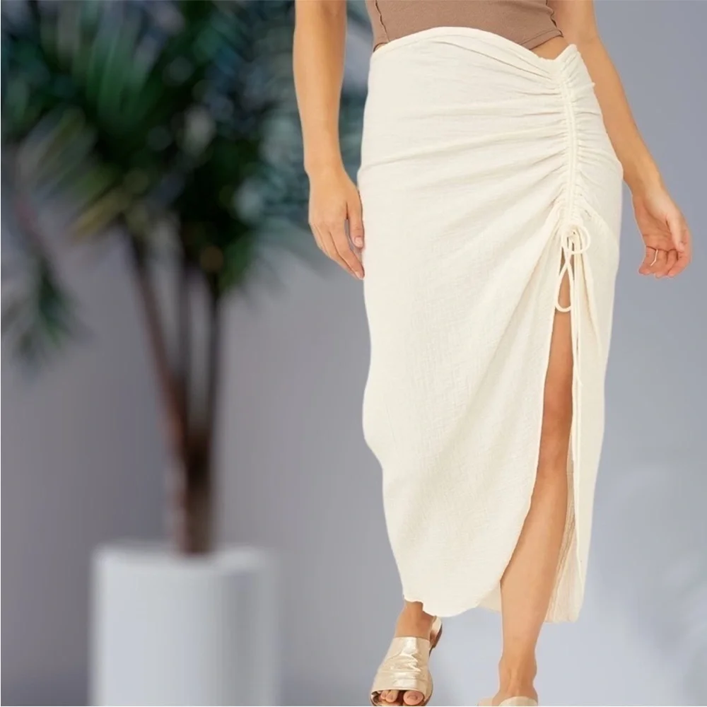 Free People New Natural Cerine Ruched Midi Skirt in Ivory NWOT - Picture 6 of 16